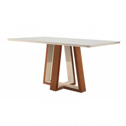 Imagem de Sala de jantar Urca 1,80x1 com 6 Cadeiras Monza encosto em ratam, Tampo e Vidro Off White, Base Castanho/Off-Tec.2015 Linho-Tradição Móveis