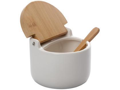 Imagem de Saleiro Açucareiro de Porcelana Branco com colher e Tampa de Madeira - Lyor