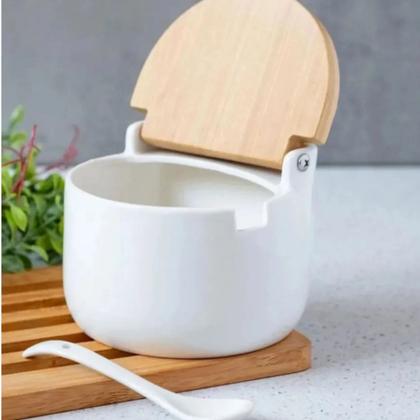 Imagem de Saleiro de Cerâmica E Colher Com Tampa de Bambu Bianco 350g