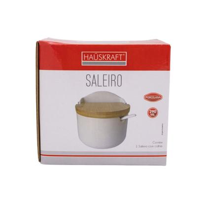 Imagem de Saleiro De Porcelana Para Mesa Posta Branco Com Colher E Tampa Bambu