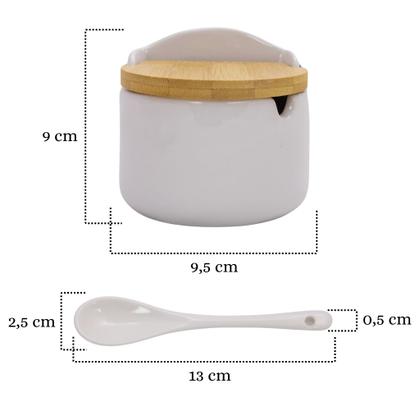 Imagem de Saleiro De Porcelana Para Mesa Posta Branco Com Colher E Tampa Bambu