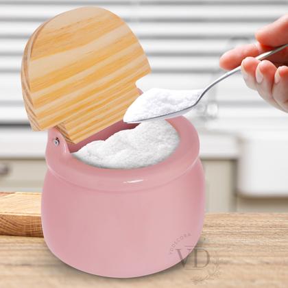 Imagem de Saleiro de porcelana Rosa com tampa de madeira