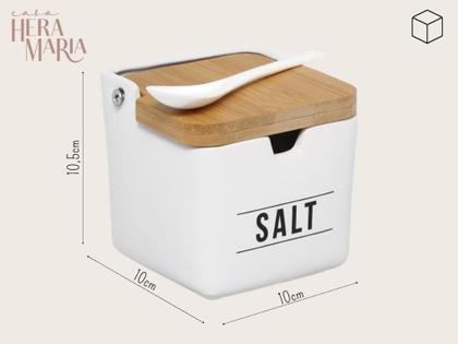 Imagem de Saleiro Manhattan Em Porcelana Com Colher Tampa Em Bambu Salt Preto Ou Branco Mesa Posta Servir Sal