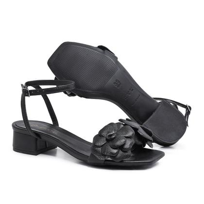 Imagem de Sandália Bico Quadrado LeRUCHEL Flor Salto Baixo Preto
