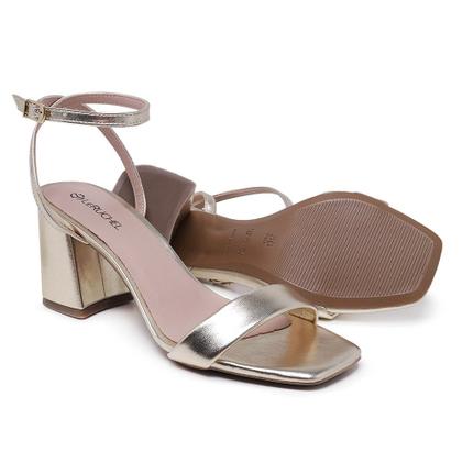 Imagem de Sandália Bico Quadrado LeRUCHEL Flor Salto Grosso Ouro Femin