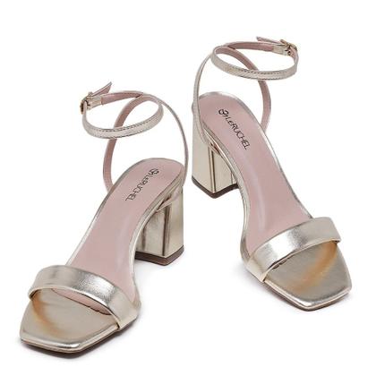 Imagem de Sandália Bico Quadrado LeRUCHEL Flor Salto Grosso Ouro Femin