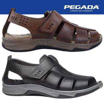 Imagem de Sandália Fechada Masculina Pegada Couro Tira Autocolante Conforto Original 132256