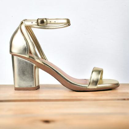 Imagem de Sandália Feminina Festa Metalizada Salto alto Recuado Grosso Bloco Elegante Social Confortável