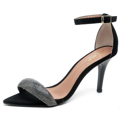 Imagem de Sandália Feminina Salto Médio Bico Folha Nobuck Preto/Manta Strass
