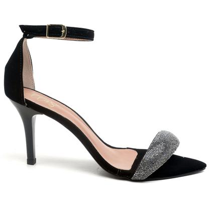 Imagem de Sandália Feminina Salto Médio Bico Folha Nobuck Preto/Manta Strass