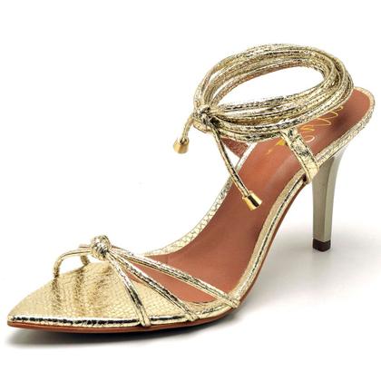 Imagem de Sandália Feminina Salto Médio Dourado Bico fino De Amarrar