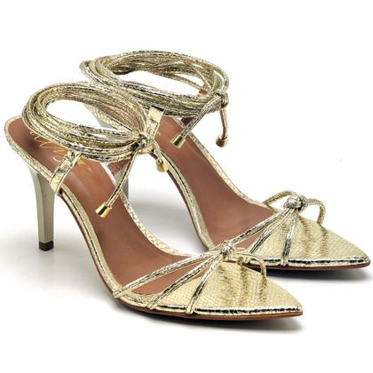 Imagem de Sandália Feminina Salto Médio Dourado Bico fino De Amarrar