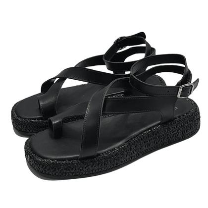 Imagem de Sandália Flat Form Ráfia Couro Preto