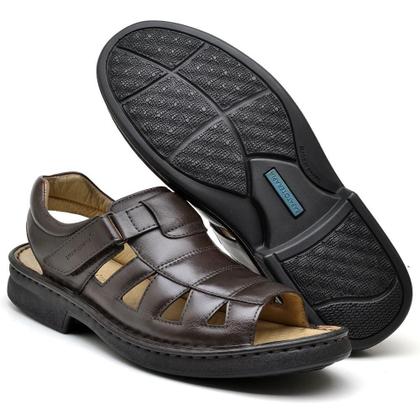 Imagem de Sandália Masculina Ortopédica Couro Antiderrapante Conforto