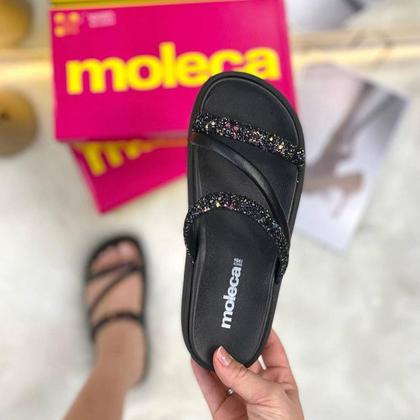 Imagem de Sandália Papete Moleca Feminina Brilho Glitter Chinelo Slide Rasteirinha Strass Luxo Confortável Eva