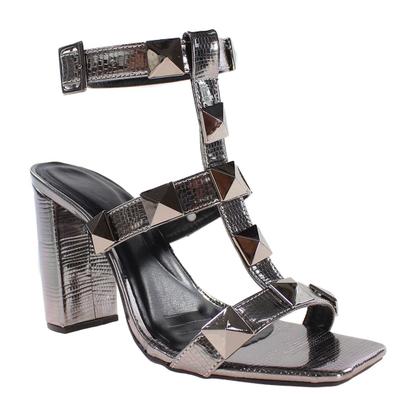 Imagem de Sandália Salto Bloco 9cm Lagarto Prata Velho c/ Detalhe em Piramide Onix ER344 sapato feminino