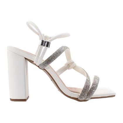 Imagem de Sandália Salto Grosso 9Cm Branco Napa com cordão Strass ER647