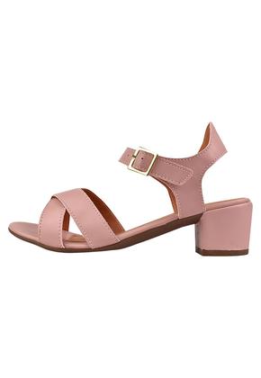 Imagem de Sandália Salto Grosso Rosa Chic Calçados Feminino Salto Baixo Bloco Bico Redondo Nude