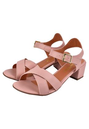 Imagem de Sandália Salto Grosso Rosa Chic Calçados Feminino Salto Baixo Bloco Bico Redondo Nude