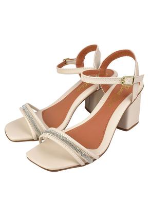 Imagem de Sandália Salto Grosso Rosa Chic Calçados Feminino Salto Baixo Bloco Brilho Strass Bico Quadrado Branco