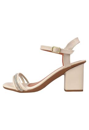 Imagem de Sandália Salto Grosso Rosa Chic Calçados Feminino Salto Baixo Bloco Brilho Strass Bico Quadrado Branco