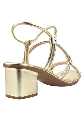 Imagem de Sandália Salto Grosso Rosa Chic Calçados Feminino Salto Baixo Bloco Trança Brilho Strass Bico Quadrado Dourado