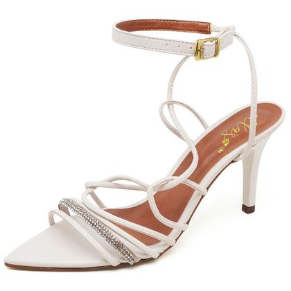Imagem de Sandália Salto Médio Bico Folha Napa Off White Tira Strass