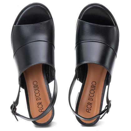 Imagem de Sandalia Salto Quadrado Flor de Couro Preta Confortável Feminina Pronta Entrega Artesanal Antiderrapante Social Esporte