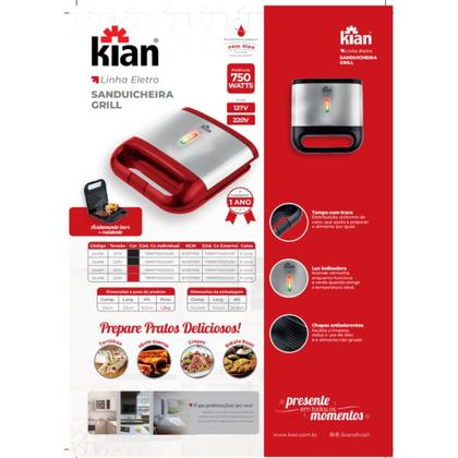 Imagem de Sanduicheira e Grill Inox Kian Vermelha e Inox 750W com Chapas Antiaderentes 220V