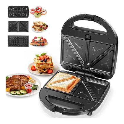 Imagem de Sanduicheira Grill Elétrica Multifuncional Antiaderente 3 Em 1 Rosquinhas Waffle Assados - Preto