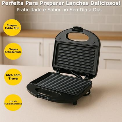 Imagem de Sanduicheira Mini Grill Elétrica Antiaderente 110v 800w Cozinha Lanches Comidas Multiuso Preto
