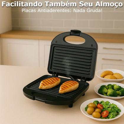 Imagem de Sanduicheira Mini Grill Elétrica Antiaderente 110v 800w Cozinha Lanches Comidas Multiuso Preto