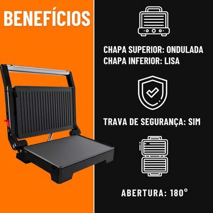 Imagem de Sanduicheira Mini Grill Elétrico Oster Inox 2 em 1 com Chapas Ondulada e Lisa, Potência de 1000W Abertura 180 Graus OGRL230 220V