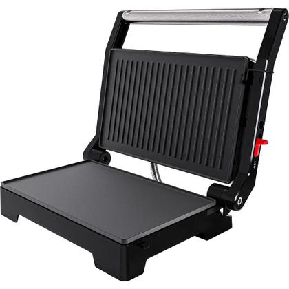 Imagem de Sanduicheira Mini Grill Elétrico Oster Inox 2 em 1 com Chapas Ondulada e Lisa, Potência de 1000W Abertura 180 Graus OGRL230 220V
