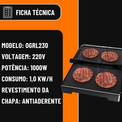 Imagem de Sanduicheira Mini Grill Elétrico Oster Inox 2 em 1 com Chapas Ondulada e Lisa, Potência de 1000W Abertura 180 Graus OGRL230 220V