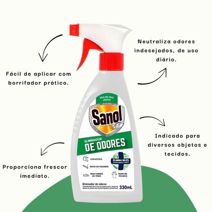 Imagem de Sanol Eliminador de Odores 330ml Neutraliza Cheiros e Elimina 99,9% de Bactérias e Fungos