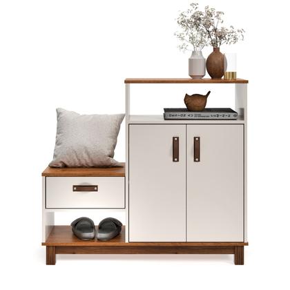Imagem de Sapateira Cômoda Armário Com Banco Assento - Maya - Cor: Off White Com Freijó - Lojas G2