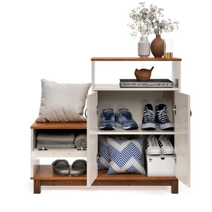 Imagem de Sapateira Cômoda Armário Com Banco Assento - Maya - Cor: Off White Com Freijó - Lojas G2