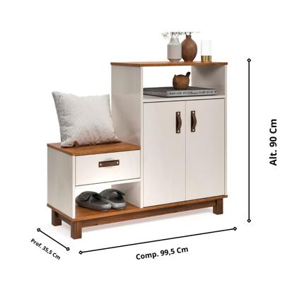 Imagem de Sapateira Cômoda Armário Com Banco Assento - Maya - Cor: Off White Com Freijó - Lojas G2