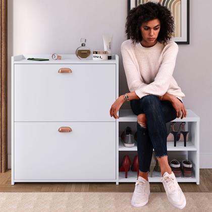 Imagem de Sapateira Hall Entrada 2 Gaveta Basculante Puxador Concha Banco Prateleira Porta Sapatos Sala Quarto Retrô Milano - RPM