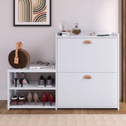 Imagem de Sapateira Hall Entrada 2 Gaveta Basculante Puxador Concha Banco Prateleira Porta Sapatos Sala Quarto Retrô Milano - RPM