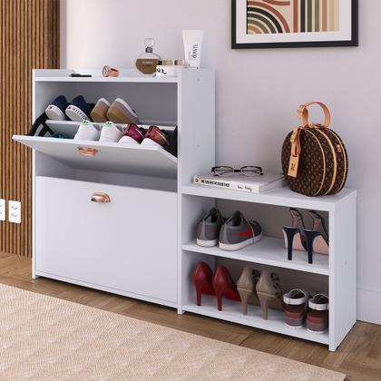 Imagem de Sapateira Hall Entrada 2 Gaveta Basculante Puxador Concha Banco Prateleira Porta Sapatos Sala Quarto Retrô Milano - RPM
