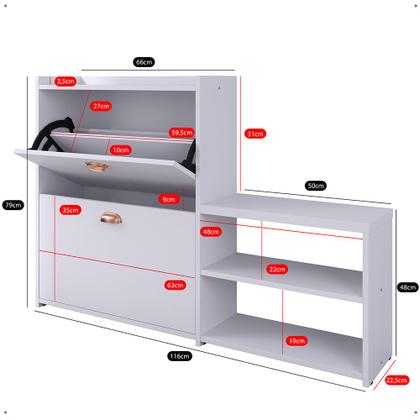 Imagem de Sapateira Hall Entrada 2 Gaveta Basculante Puxador Concha Banco Prateleira Porta Sapatos Sala Quarto Retrô Milano - RPM