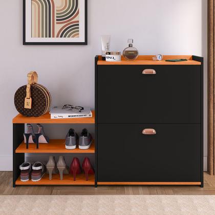 Imagem de Sapateira Hall Entrada 2 Gaveta Basculante Puxador Concha Banco Prateleira Porta Sapatos Sala Quarto Retrô Milano - RPM