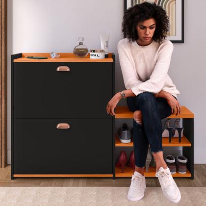 Imagem de Sapateira Hall Entrada 2 Gaveta Basculante Puxador Concha Banco Prateleira Porta Sapatos Sala Quarto Retrô Milano - RPM