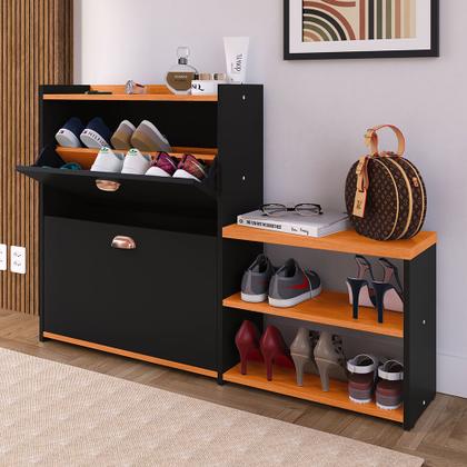 Imagem de Sapateira Hall Entrada 2 Gaveta Basculante Puxador Concha Banco Prateleira Porta Sapatos Sala Quarto Retrô Milano - RPM