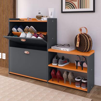 Imagem de Sapateira Hall Entrada 2 Gaveta Basculante Puxador Concha Banco Prateleira Porta Sapatos Sala Quarto Retrô Milano - RPM