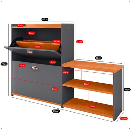 Imagem de Sapateira Hall Entrada 2 Gaveta Basculante Puxador Concha Banco Prateleira Porta Sapatos Sala Quarto Retrô Milano - RPM