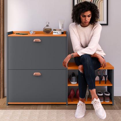 Imagem de Sapateira Hall Entrada 2 Gaveta Basculante Puxador Concha Banco Prateleira Porta Sapatos Sala Quarto Retrô Milano - RPM