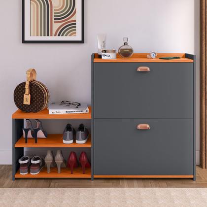 Imagem de Sapateira Hall Entrada 2 Gaveta Basculante Puxador Concha Banco Prateleira Porta Sapatos Sala Quarto Retrô Milano - RPM